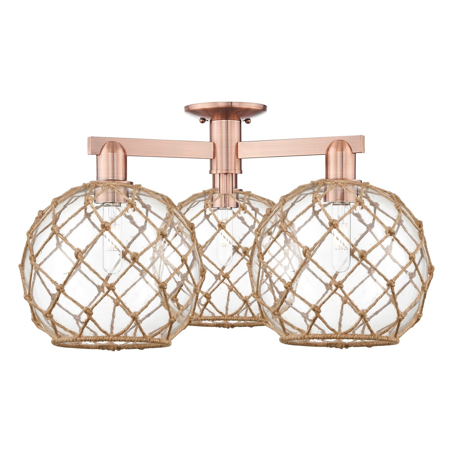 Innovations Farmhouse Rope 28in 3-Light Semi-Flush Mount | Industrial Antique Copper Steel and Clear Glass with Brown Rope | Model 716-3F-AC-G122-10RB