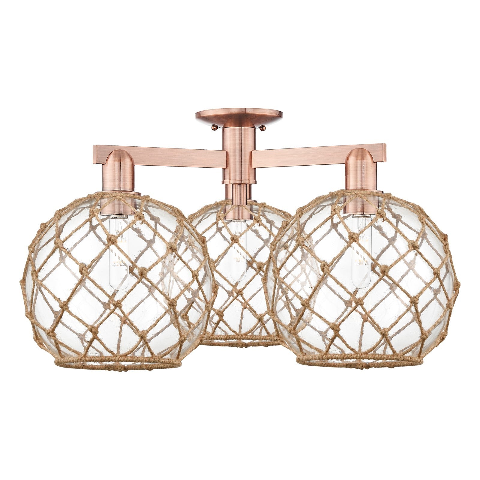 Innovations Farmhouse Rope 28in 3-Light Semi-Flush Mount | Industrial Antique Copper Steel and Clear Glass with Brown Rope | Model 716-3F-AC-G122-10RB