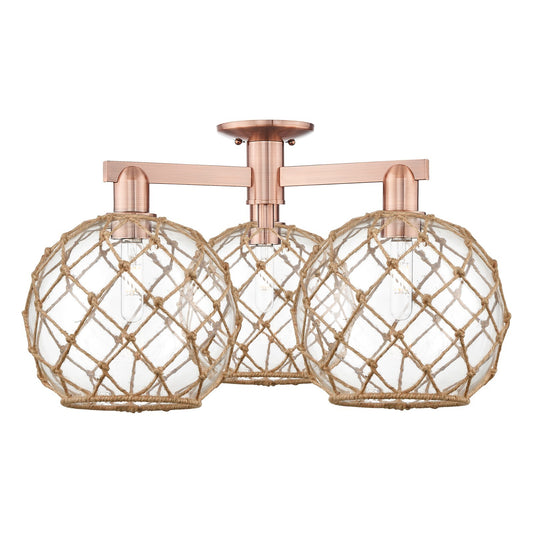 Innovations Farmhouse Rope 28in 3-Light Semi-Flush Mount | Industrial Antique Copper Steel and Clear Glass with Brown Rope | Model 716-3F-AC-G122-10RB