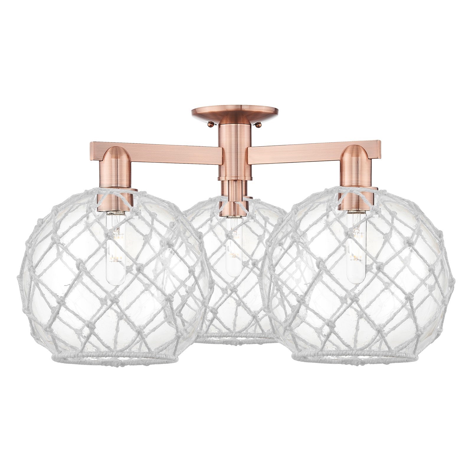 Innovations Farmhouse Rope 28in 3-Light Semi-Flush Mount | Industrial Antique Copper Steel and Clear Glass with White Rope | Model 716-3F-AC-G122-10RW