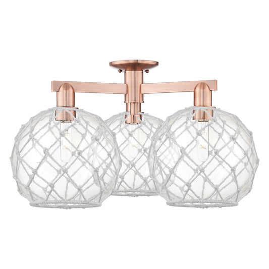Innovations Farmhouse Rope 28in 3-Light Semi-Flush Mount | Industrial Antique Copper Steel and Clear Glass with White Rope | Model 716-3F-AC-G122-10RW