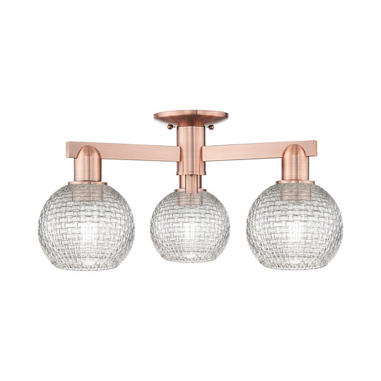 Innovations Athens 23in 3-Light Semi-Flush Mount | Industrial Antique Copper Steel and Clear Basket Weave Glass | Entryway & | Model 716-3F-AC-G122C-6CL