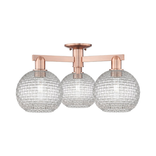 Innovations Athens 26in 3-Light Semi-Flush Mount | Industrial Antique Copper Steel and Clear Basket Weave Glass | Entryway & | Model 716-3F-AC-G122C-8CL