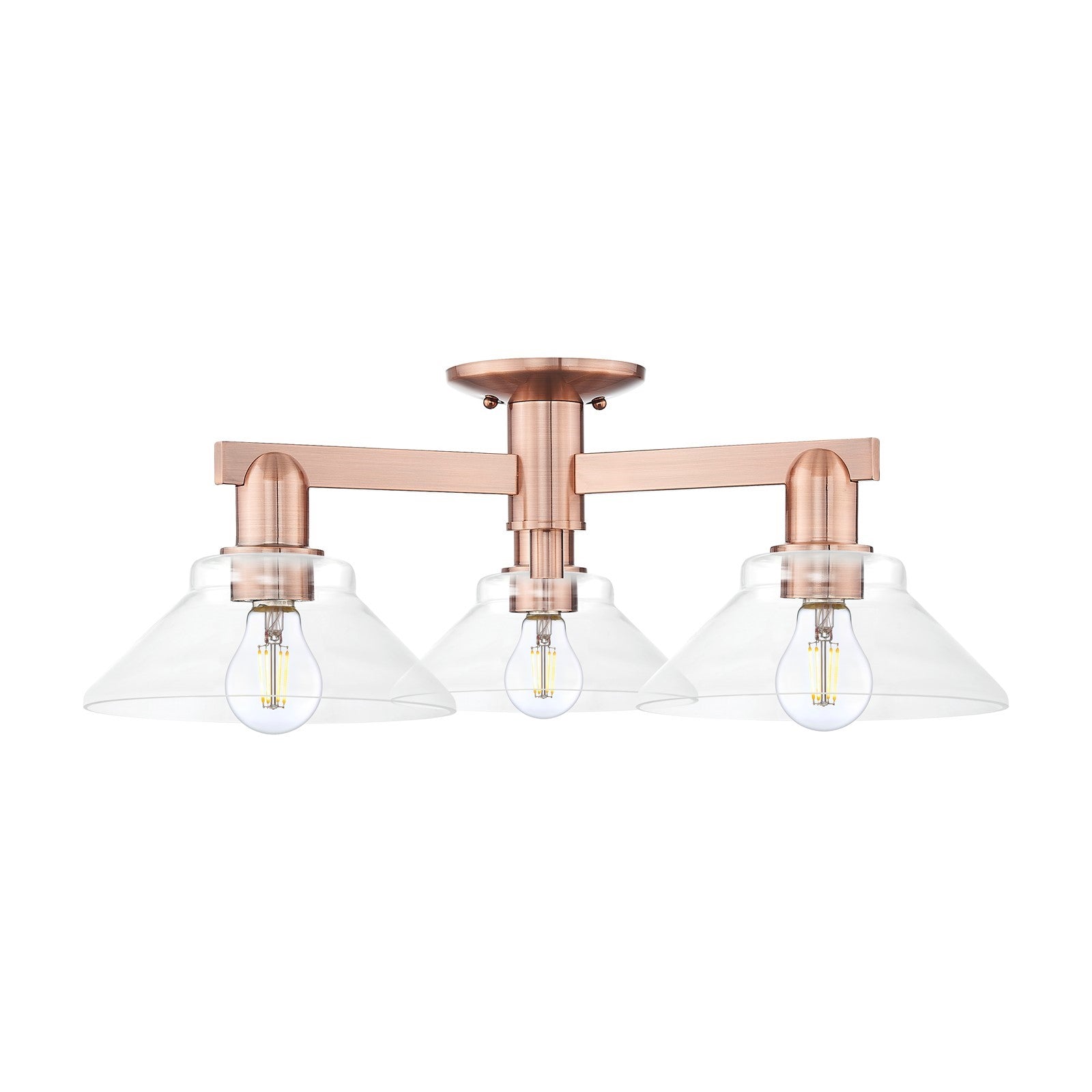 Innovations Orwell 26in 3-Light Semi-Flush Mount | Industrial Antique Copper Steel and Clear Cone Glass | Living Room & Entryway | Model 716-3F-AC-G132