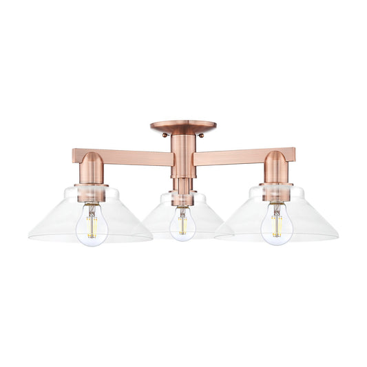 Innovations Orwell 26in 3-Light Semi-Flush Mount | Industrial Antique Copper Steel and Clear Cone Glass | Living Room & Entryway | Model 716-3F-AC-G132