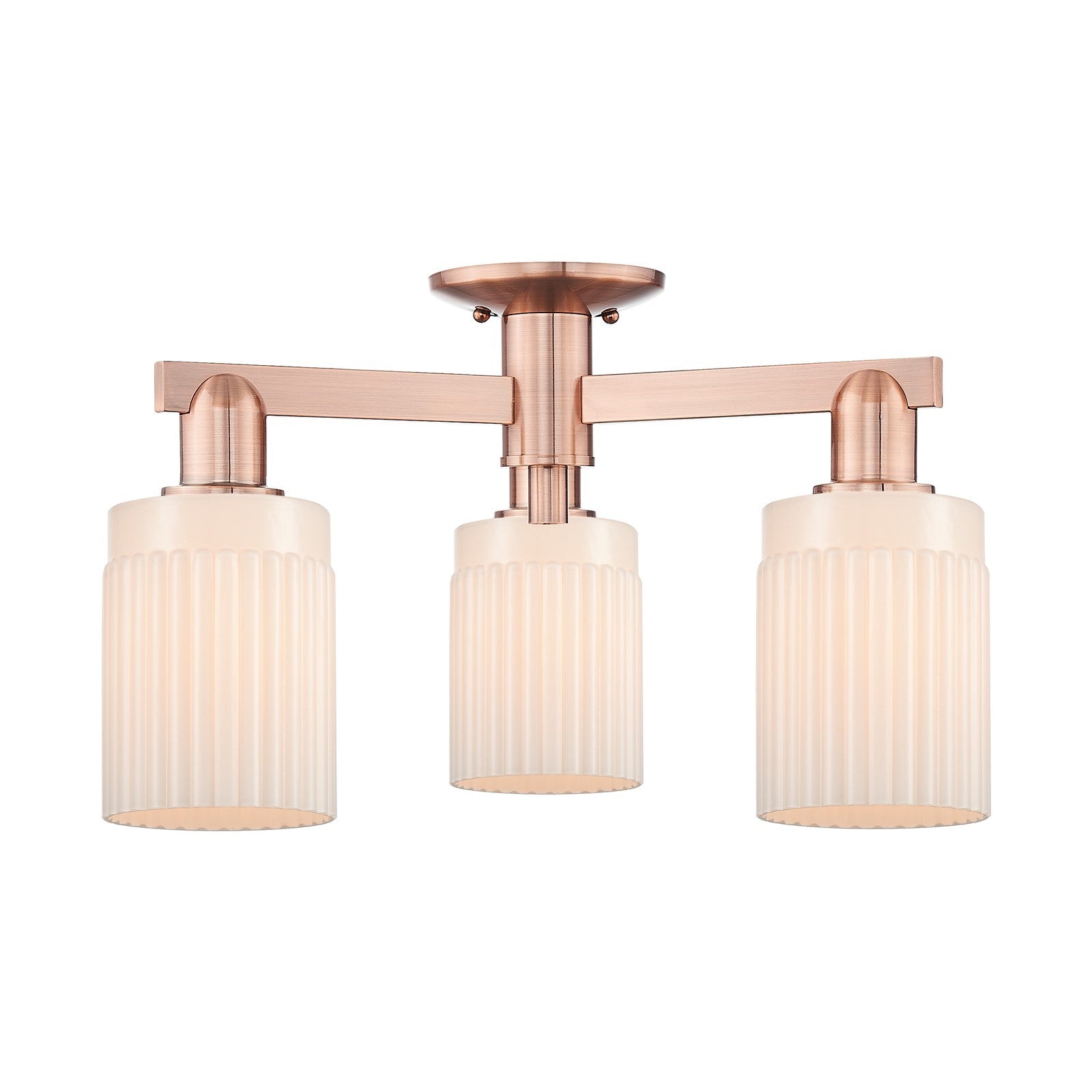 Innovations Hadley 22in 3-Light Semi-Flush Mount | Industrial Modern Contempo Antique Copper Steel and Matte White Ribbed Glass | Model 716-3F-AC-G341