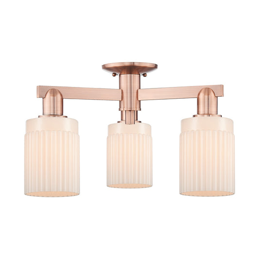 Innovations Hadley 22in 3-Light Semi-Flush Mount | Industrial Modern Contempo Antique Copper Steel and Matte White Ribbed Glass | Model 716-3F-AC-G341