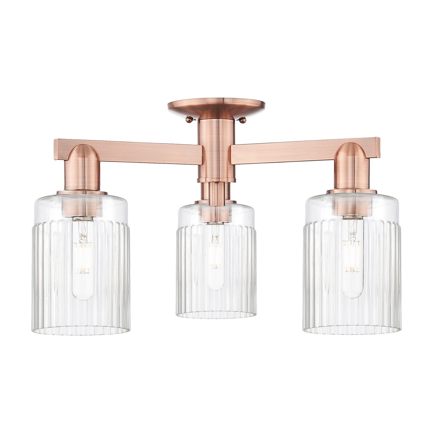 Innovations Hadley 22in 3-Light Semi-Flush Mount | Industrial Antique Copper Steel and Clear Ribbed Glass | Kitchen & Hallway Damp | Model 716-3F-AC-G342