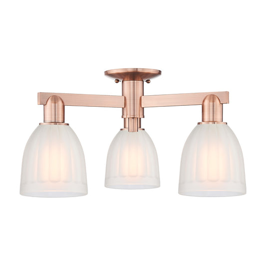 Innovations Brookfield 23in 3-Light Semi-Flush Mount | Industrial Antique Copper Steel and White Frosted Ribbed Glass | Living Room | Model 716-3F-AC-G441
