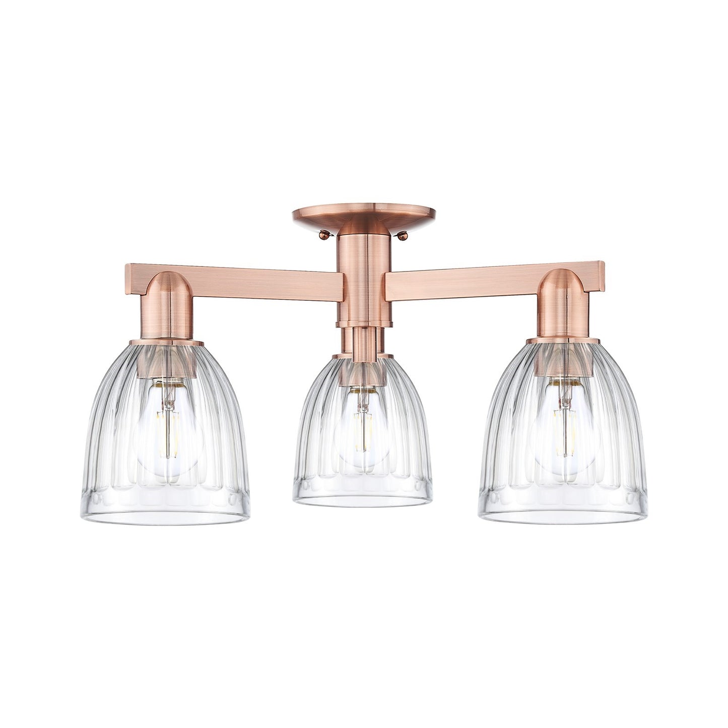 Innovations Brookfield 23in 3-Light Semi-Flush Mount | Industrial Antique Copper and Clear Ribbed Glass | Kitchen & Hallway | 23.25 | Model 716-3F-AC-G442