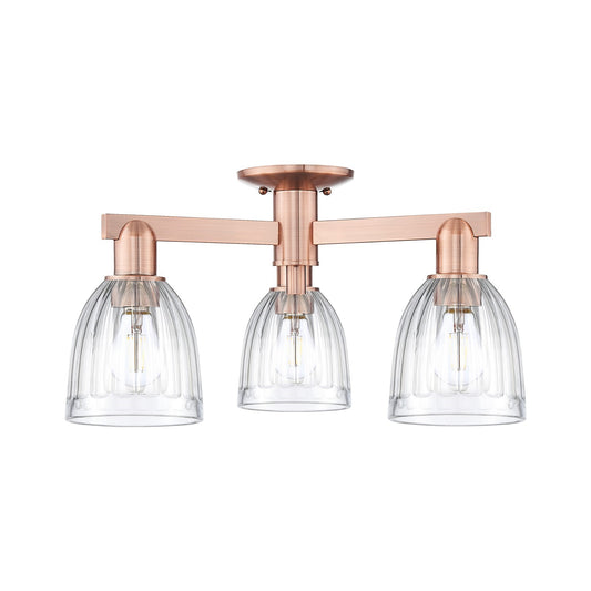Innovations Brookfield 23in 3-Light Semi-Flush Mount | Industrial Antique Copper and Clear Ribbed Glass | Kitchen & Hallway | 23.25 | Model 716-3F-AC-G442