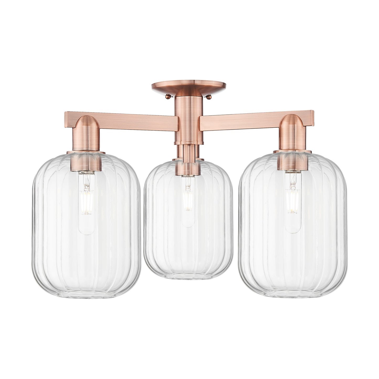 Innovations Preston Cylinder 24.25in 3-Light Semi-Flush Mount | Industrial Antique Copper Steel and Clear Glass | Damp-Rated | Model 716-3F-AC-G460-7CL