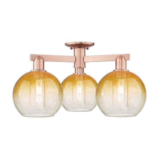 Innovations Brookhaven Globe 25.5in 3-Light Semi-Flush Mount | Industrial Antique Copper Steel and Amber Glass | Damp-Rated | Model 716-3F-AC-G483-8AM