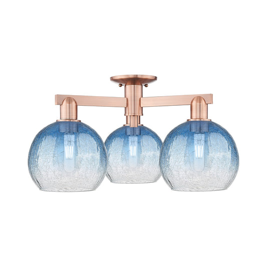 Innovations Brookhaven Globe 25.5in 3-Light Semi-Flush Mount | Industrial Antique Copper and Sapphire Blue Glass | Living Room | Model 716-3F-AC-G483-8SB