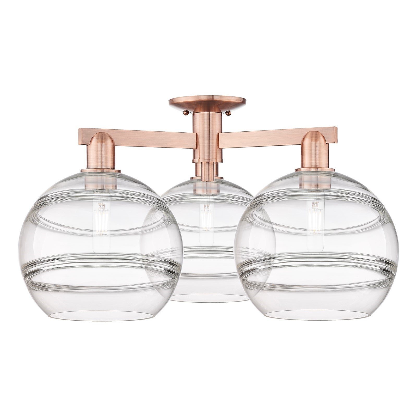 Innovations Rochester 28in 3-Light Semi-Flush Mount | Industrial Antique Copper Steel and Clear Glass | Damp-Rated Entryway & | Model 716-3F-AC-G556-10CL