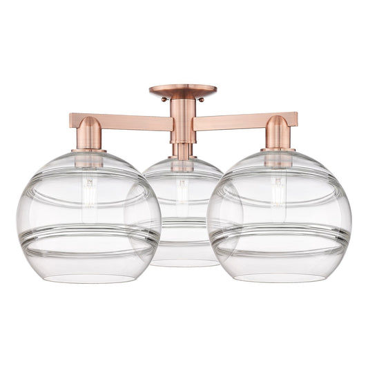 Innovations Rochester 28in 3-Light Semi-Flush Mount | Industrial Antique Copper Steel and Clear Glass | Damp-Rated Entryway & | Model 716-3F-AC-G556-10CL