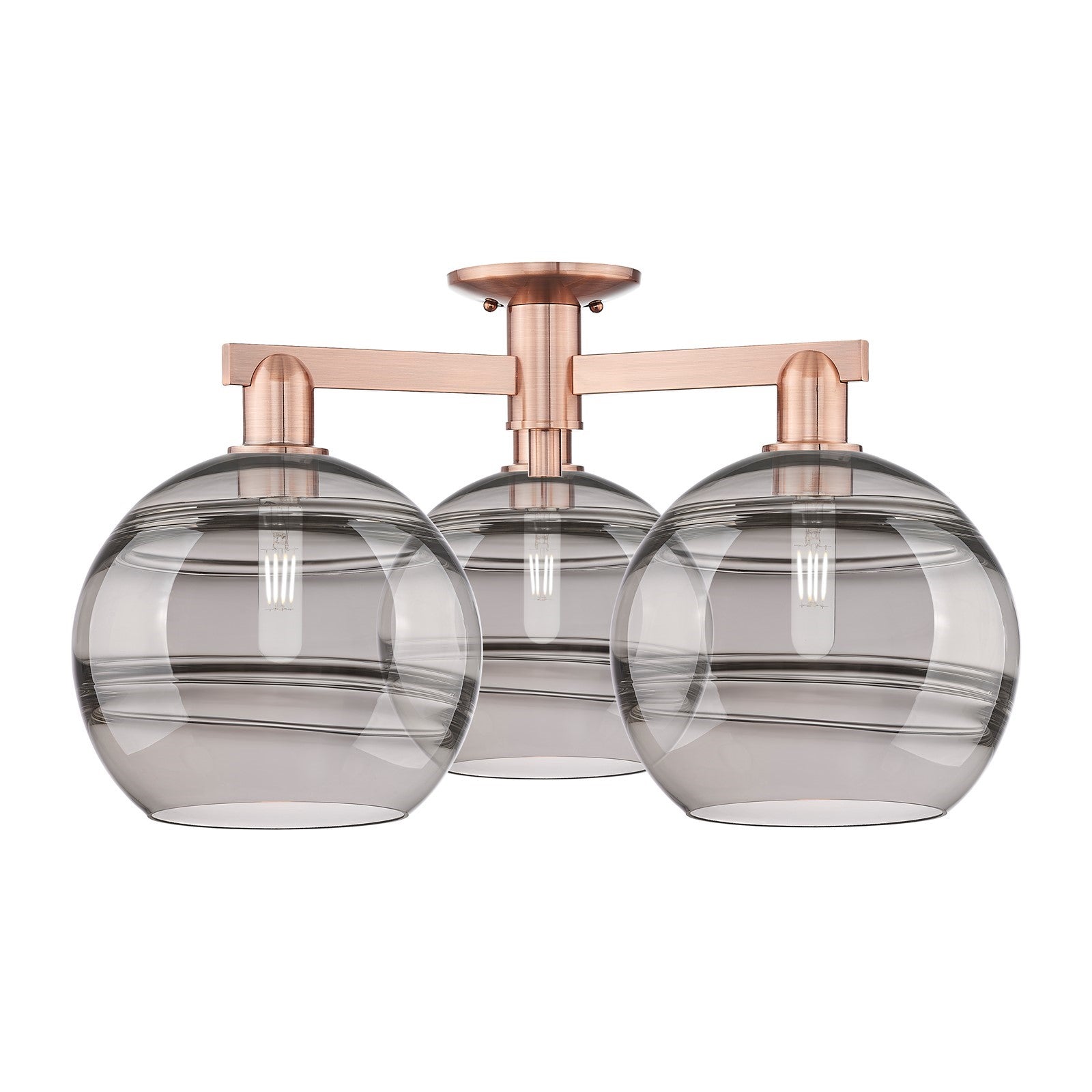 Innovations Rochester 28in 3-Light Semi-Flush Mount | Industrial Antique Copper Steel and Light Smoke Glass | Entryway & | Model 716-3F-AC-G556-10SM