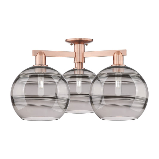 Innovations Rochester 28in 3-Light Semi-Flush Mount | Industrial Antique Copper Steel and Light Smoke Glass | Entryway & | Model 716-3F-AC-G556-10SM