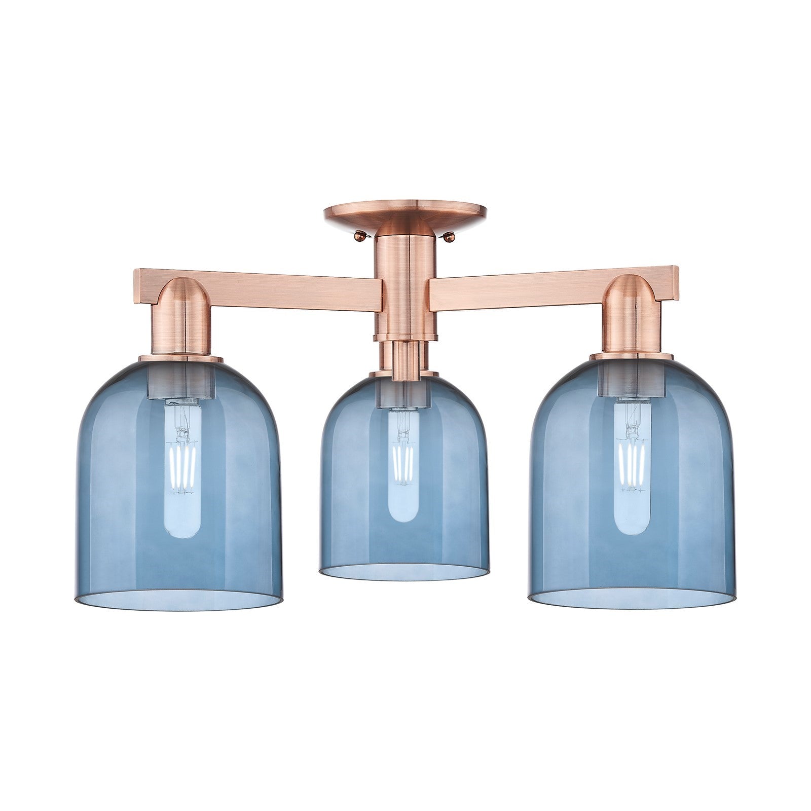 Innovations Bella 23in 3-Light Semi-Flush Mount | Industrial Antique Copper and Blue Glass | Living Room & Hallway | 23 x 23 x | Model 716-3F-AC-G558-6BL