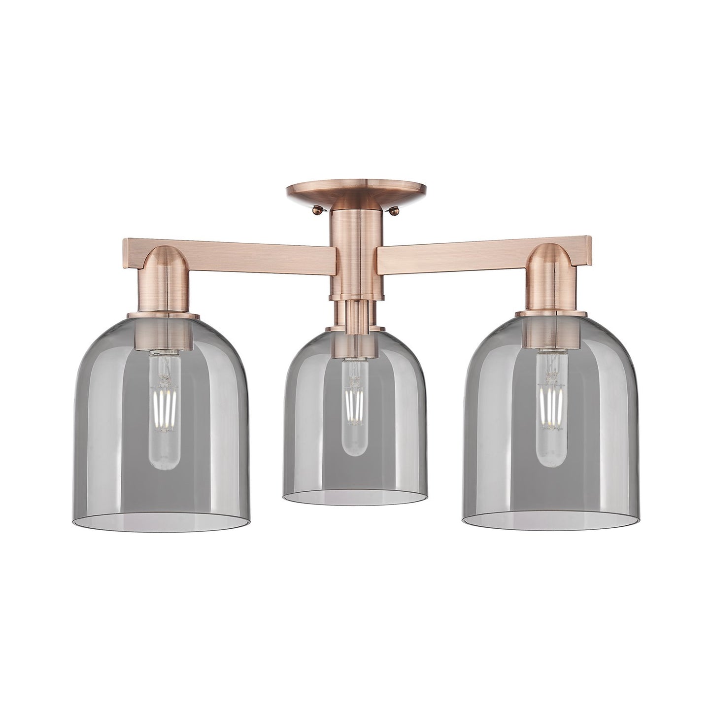 Innovations Bella 23in 3-Light Semi-Flush Mount | Industrial Antique Copper and Light Smoke Glass | Damp-Rated Living Room & | Model 716-3F-AC-G558-6SM