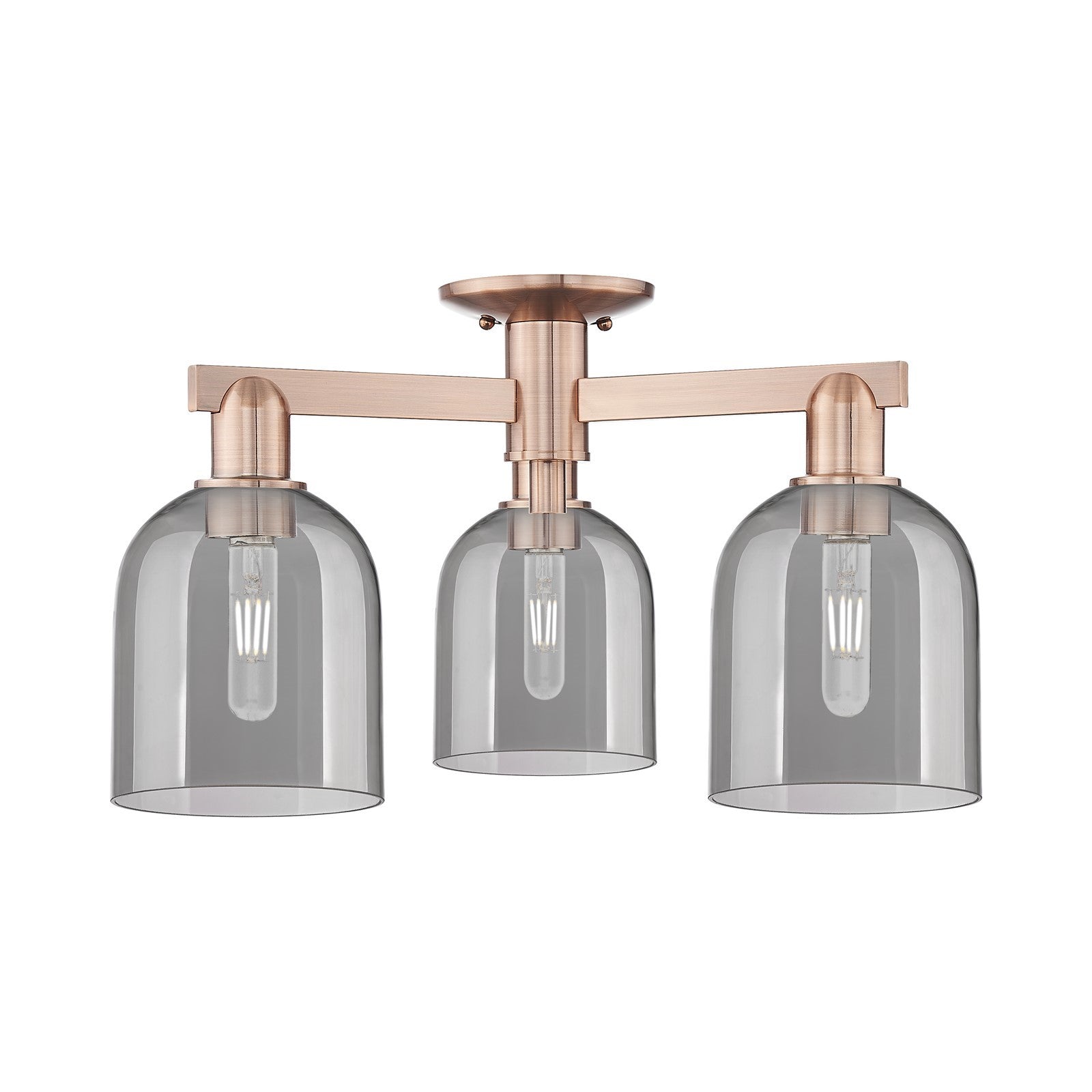 Innovations Bella 23in 3-Light Semi-Flush Mount | Industrial Antique Copper and Light Smoke Glass | Damp-Rated Living Room & | Model 716-3F-AC-G558-6SM