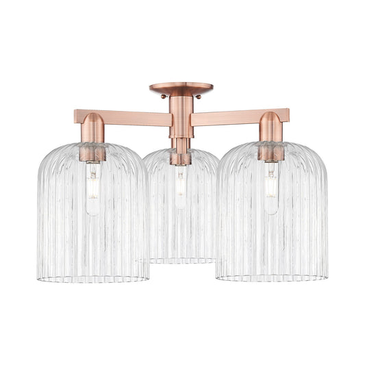 Innovations Bridal Veil 26in 3-Light Semi-Flush Mount | Industrial Antique Copper and Clear Ribbed Glass | Entryway & Hallway | Model 716-3F-AC-G559-8CL