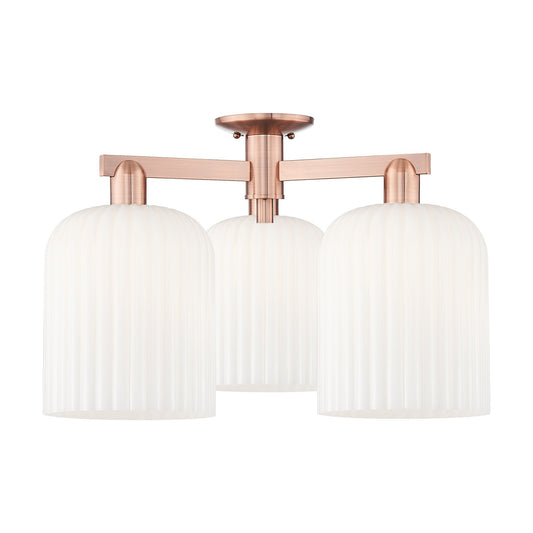Innovations Bridal Veil 26in 3-Light Semi-Flush Mount | Industrial Antique Copper Steel and Gloss White Ribbed Glass | Living | Model 716-3F-AC-G559-8GWH