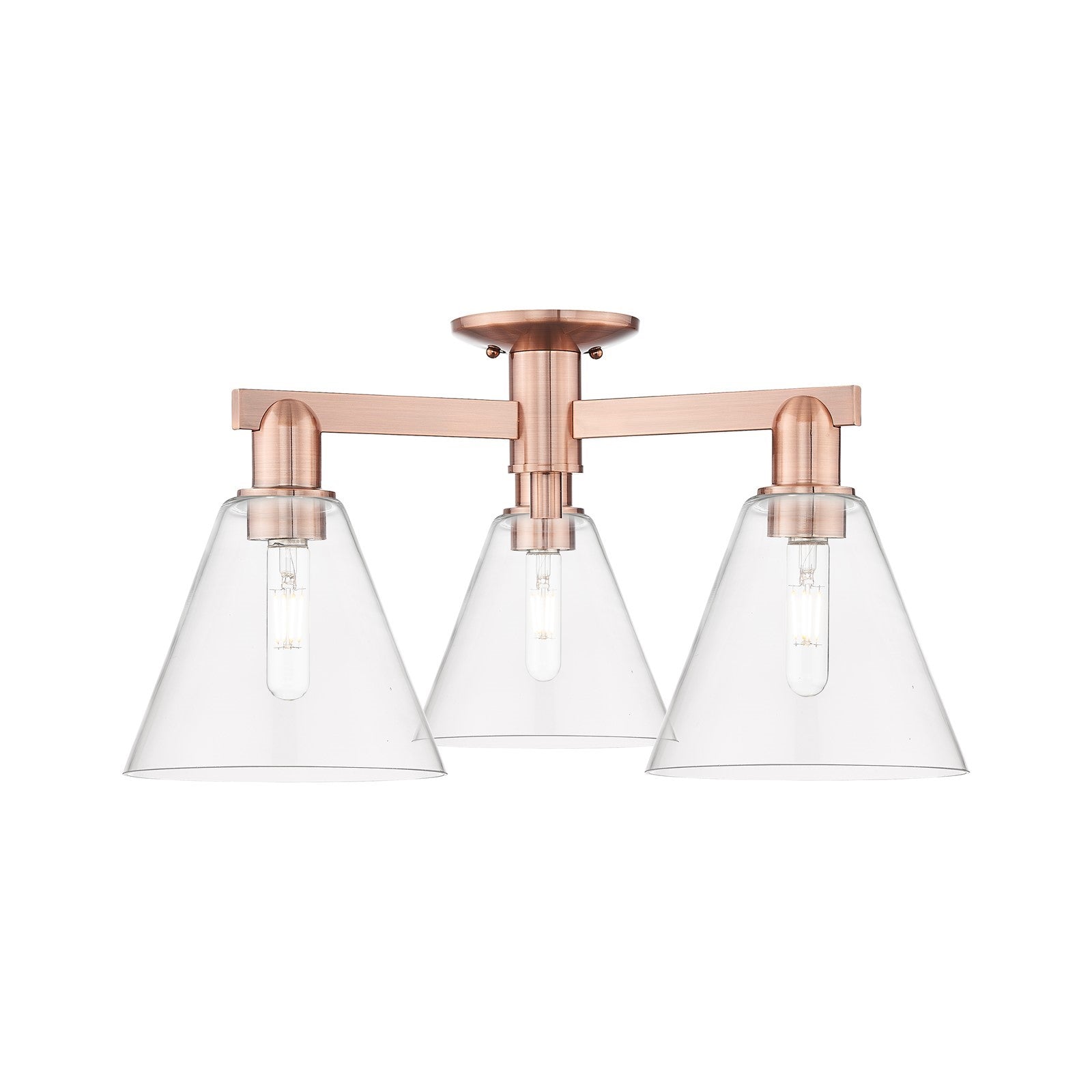 Innovations Berkshire Glass 26in 3-Light Semi-Flush Mount | Industrial Antique Copper Steel and Clear Glass | Damp-Rated Entryway | Model 716-3F-AC-GBC-82
