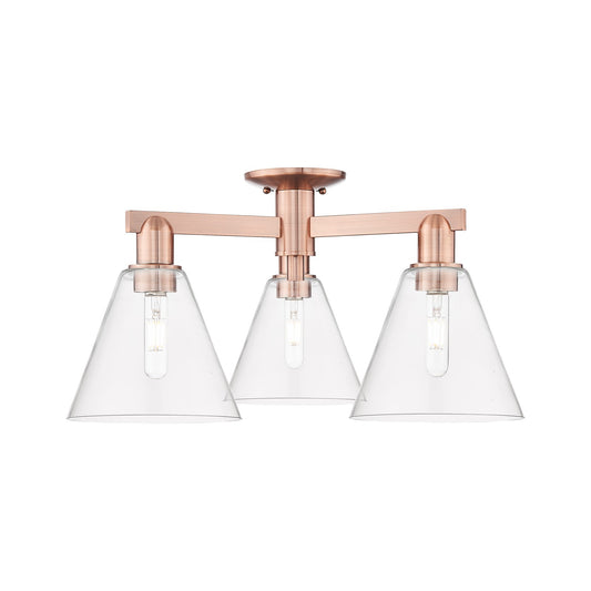 Innovations Berkshire Glass 26in 3-Light Semi-Flush Mount | Industrial Antique Copper Steel and Clear Glass | Damp-Rated Entryway | Model 716-3F-AC-GBC-82