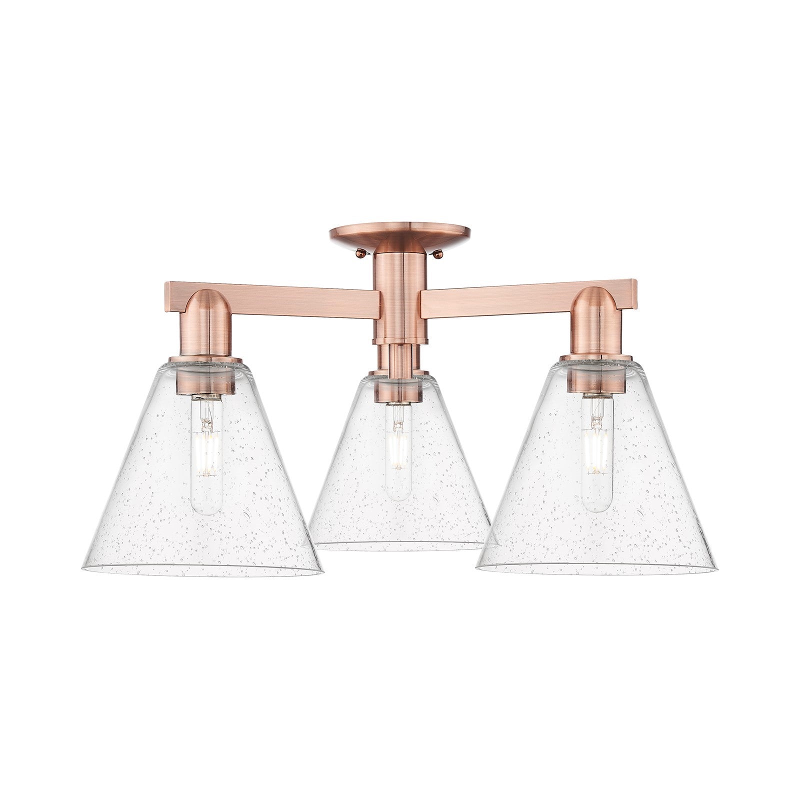Innovations Berkshire Glass 26in 3-Light Semi-Flush Mount | Industrial Antique Copper Steel and Seedy Glass Cone Shade | Entryway | Model 716-3F-AC-GBC-84
