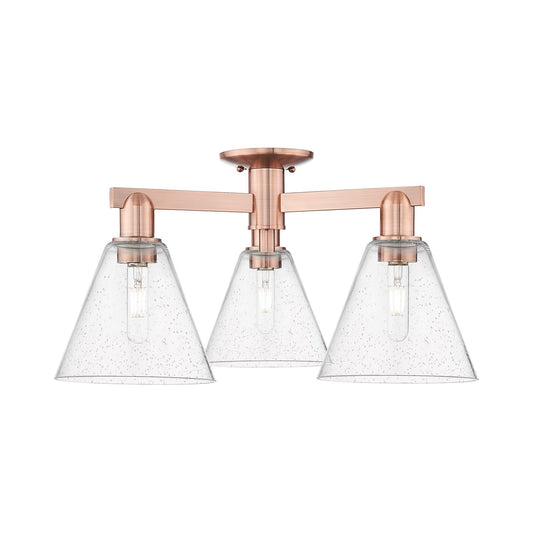 Innovations Berkshire Glass 26in 3-Light Semi-Flush Mount | Industrial Antique Copper Steel and Seedy Glass Cone Shade | Entryway | Model 716-3F-AC-GBC-84