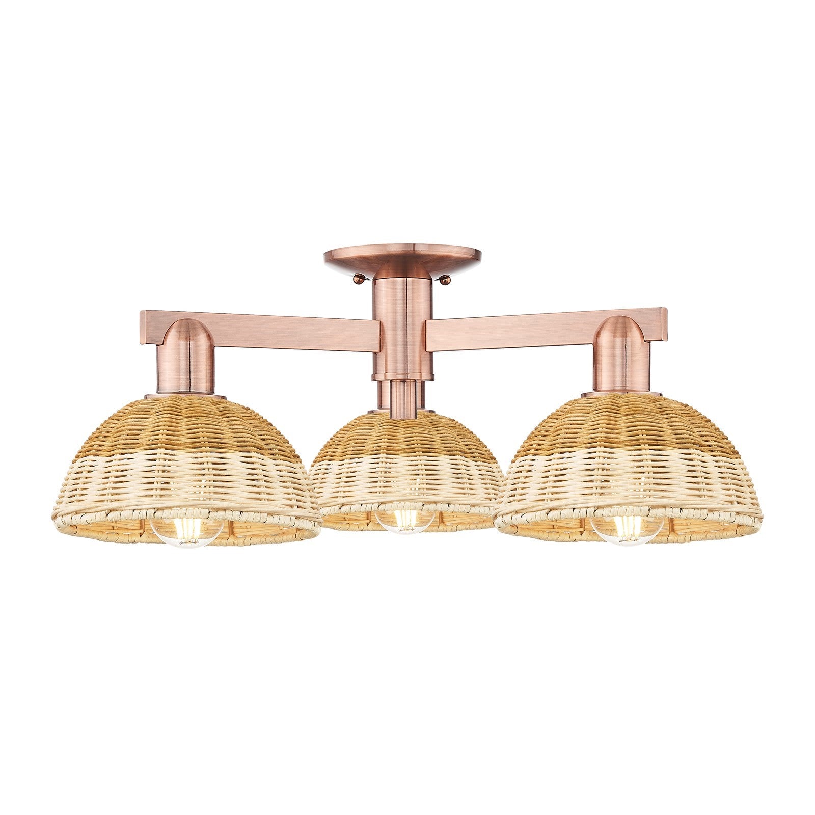 Innovations Natural Ballston Dome 25in 3-Light Semi-Flush Mount | Farmhouse Antique Copper and Natural Fiber Basketweave | Model 716-3F-AC-NBD2-75-NAT