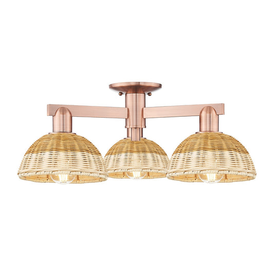 Innovations Natural Ballston Dome 25in 3-Light Semi-Flush Mount | Farmhouse Antique Copper and Natural Fiber Basketweave | Model 716-3F-AC-NBD2-75-NAT