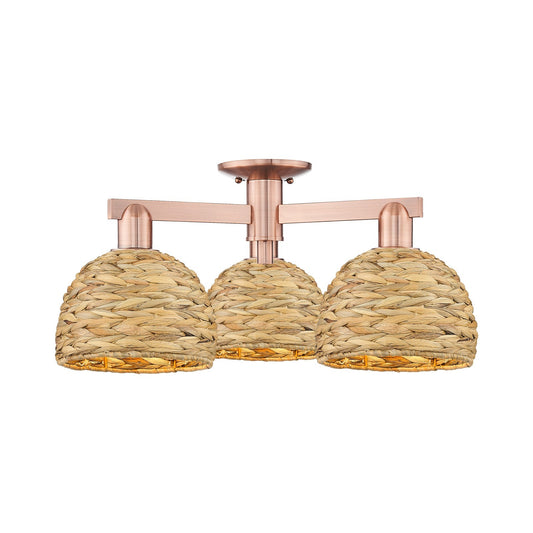 Innovations Arcadia 26in 3-Light Semi-Flush Mount | Industrial Antique Copper Steel and Natural Rattan | Entryway & Hallway | Model 716-3F-AC-RBD-8-NAT