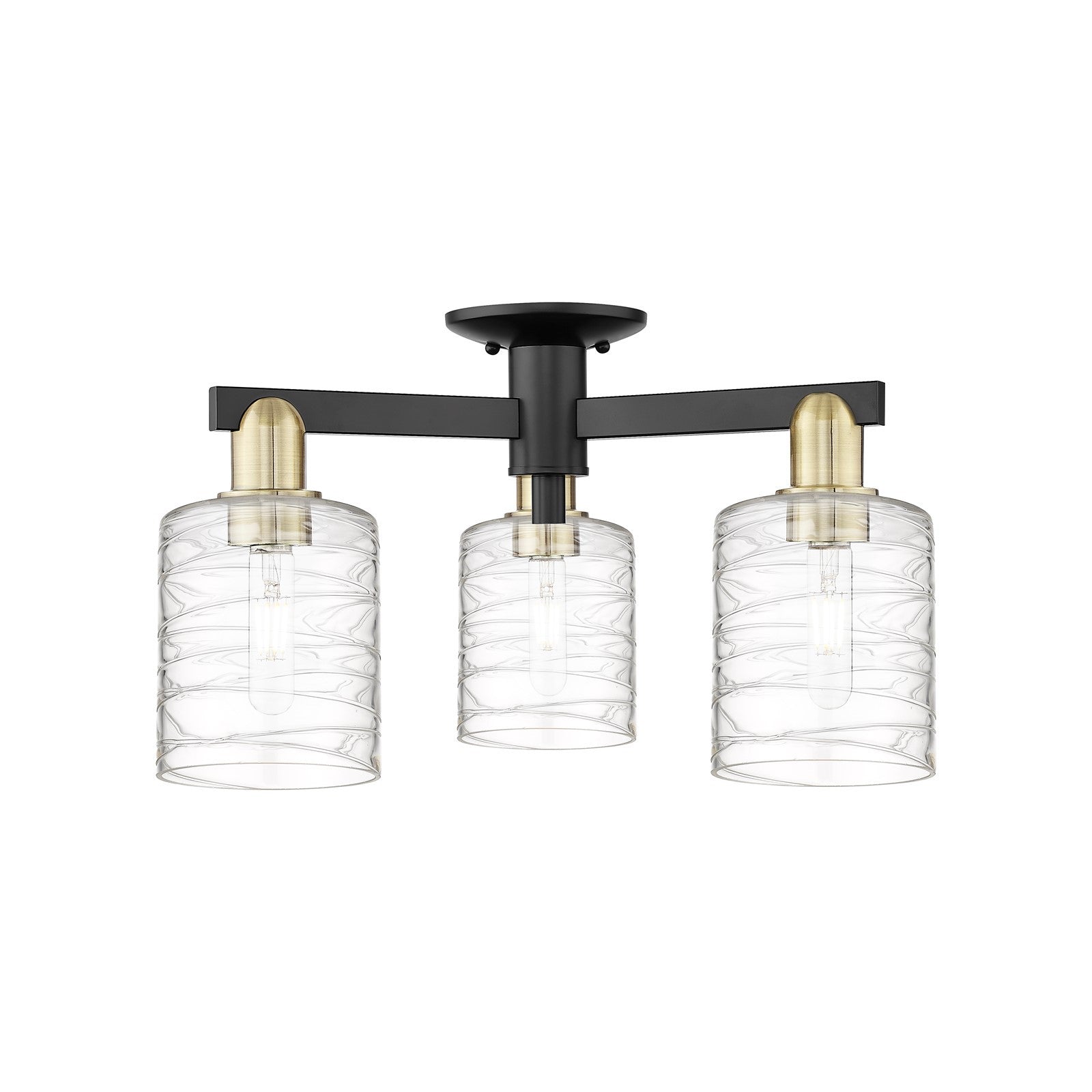 Innovations Cobbleskill 23in 3-Light Semi-Flush Mount | Industrial Black Antique Brass and Deco Swirl Glass | Entryway & Hallway | Model 716-3F-BAB-G1113