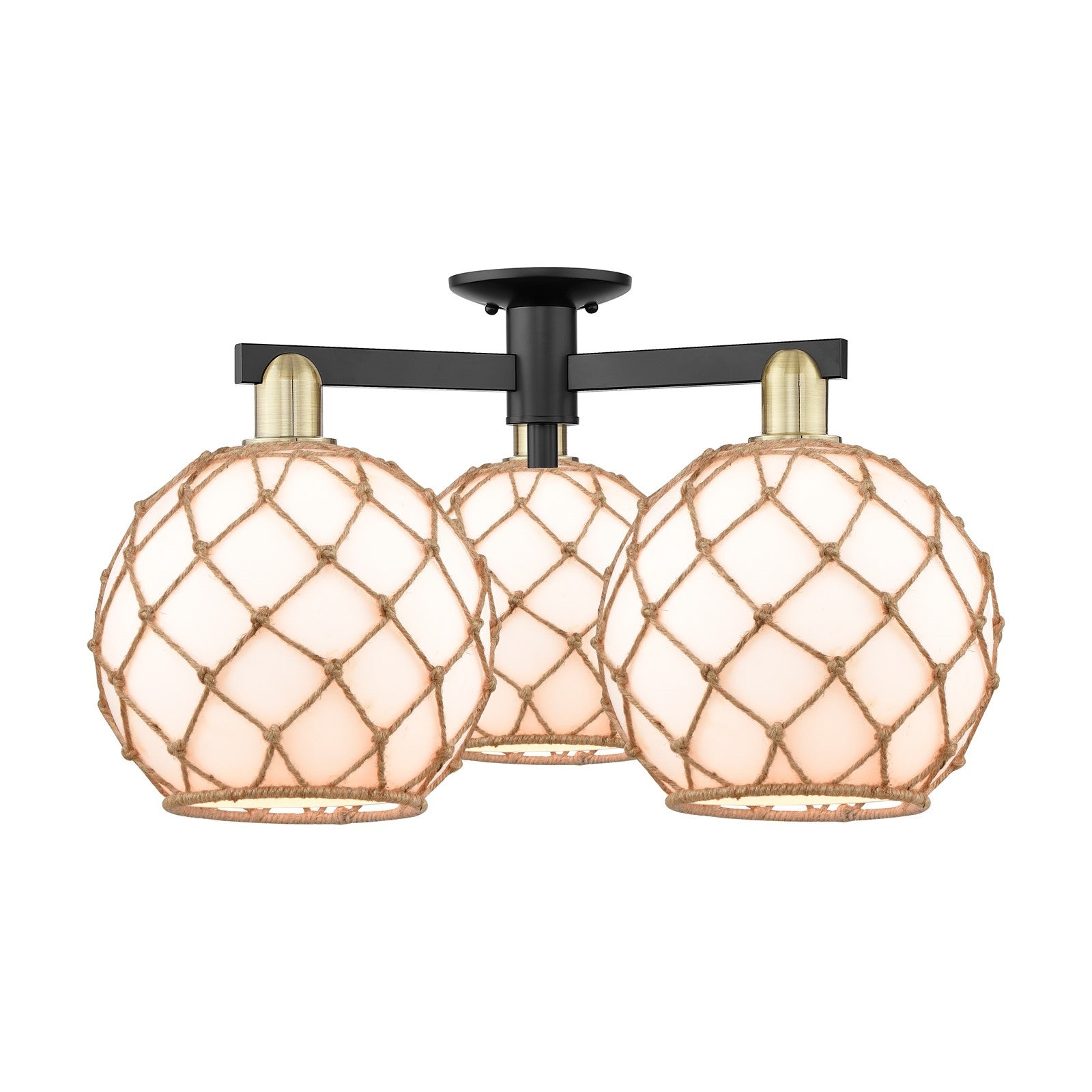 Innovations Farmhouse Rope 28in 3-Light Semi-Flush Mount | Industrial Black Antique Brass and Matte White Glass with Rope | Model 716-3F-BAB-G121-10RB