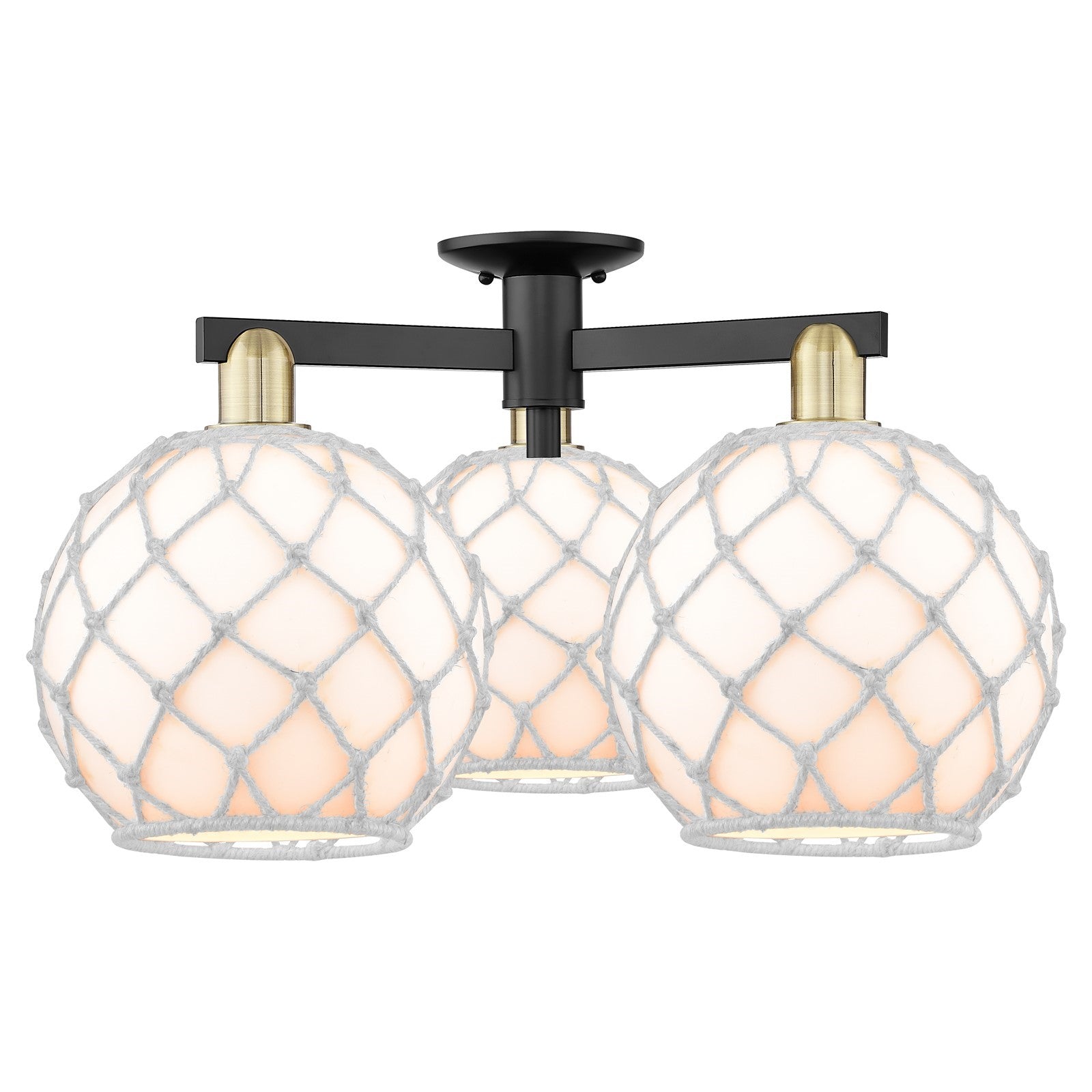 Innovations Farmhouse Rope 28in 3-Light Semi-Flush Mount | Industrial Black Antique Brass and White Glass with White Rope | Model 716-3F-BAB-G121-10RW