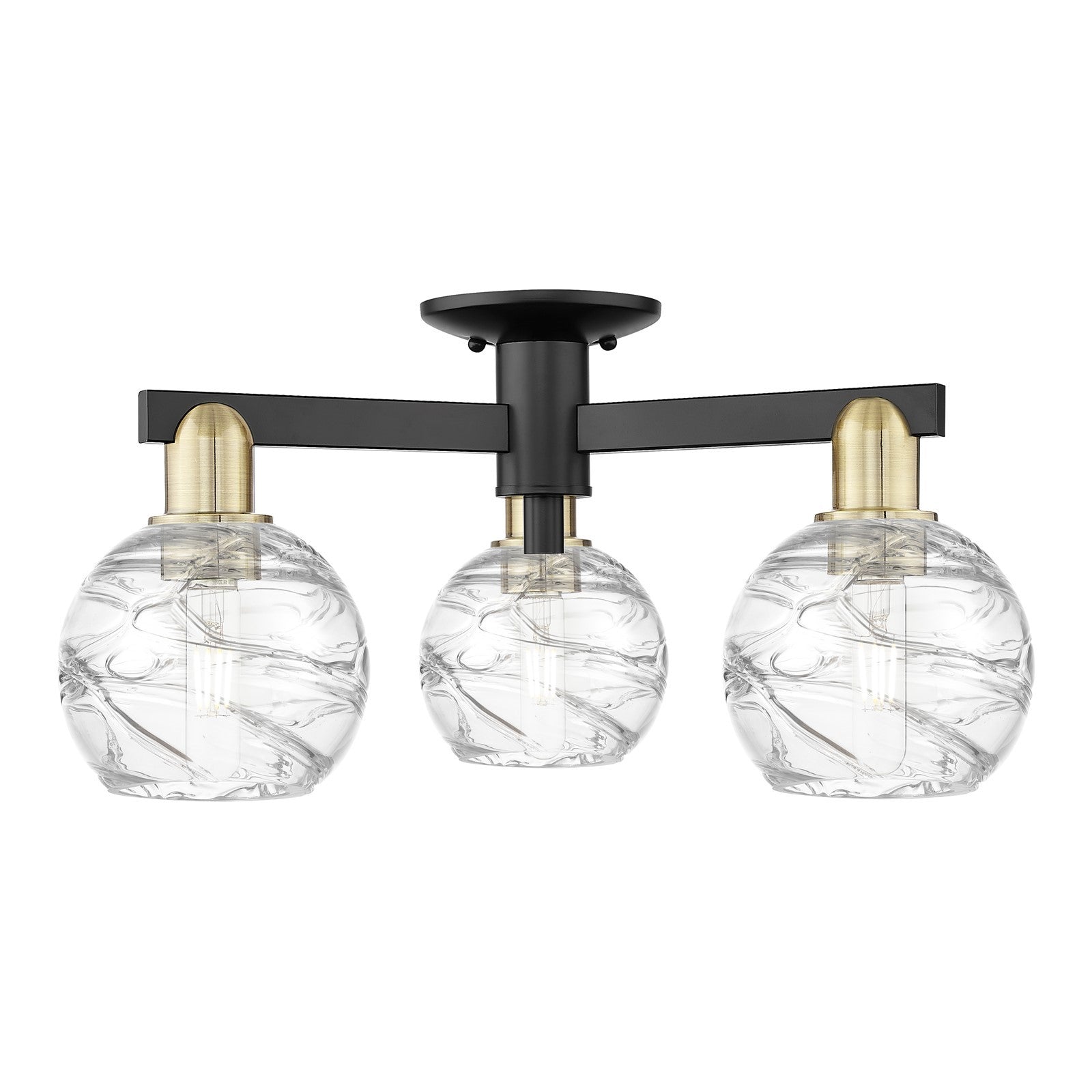 Innovations Athens Deco Swirl 23in 3-Light Semi-Flush Mount | Industrial Black Antique Brass Steel and Clear Deco Swirl Glass | Model 716-3F-BAB-G1213-6CL
