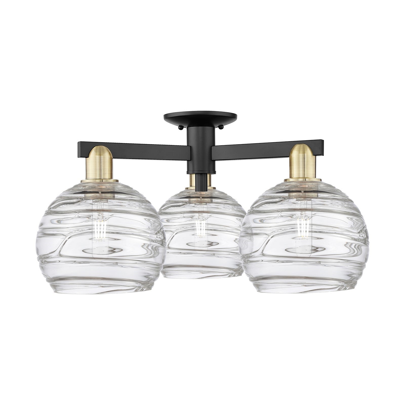 Innovations Athens Deco Swirl 26in 3-Light Semi-Flush Mount | Industrial Black Antique Brass Steel and Clear Deco Swirl Glass | Model 716-3F-BAB-G1213-8CL