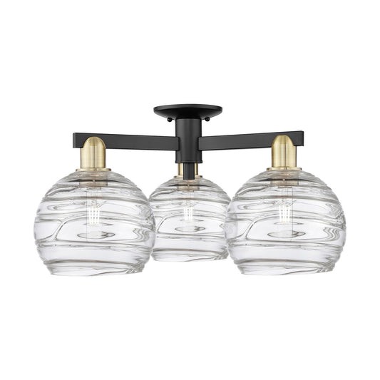Innovations Athens Deco Swirl 26in 3-Light Semi-Flush Mount | Industrial Black Antique Brass Steel and Clear Deco Swirl Glass | Model 716-3F-BAB-G1213-8CL