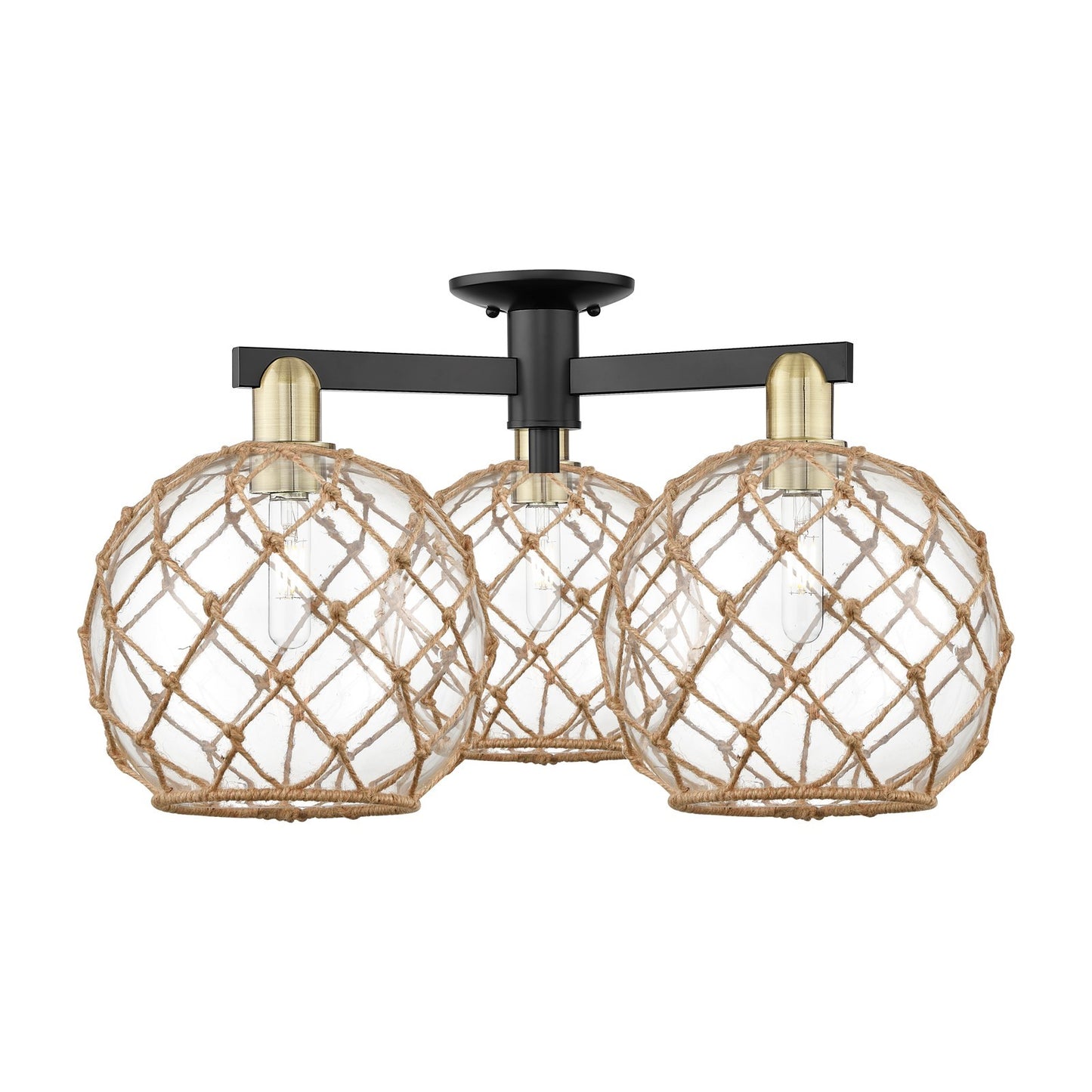 Innovations Farmhouse Rope 28in 3-Light Semi-Flush Mount | Industrial Black Antique Brass Steel and Clear Glass with Brown | Model 716-3F-BAB-G122-10RB