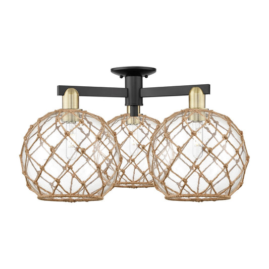 Innovations Farmhouse Rope 28in 3-Light Semi-Flush Mount | Industrial Black Antique Brass Steel and Clear Glass with Brown | Model 716-3F-BAB-G122-10RB
