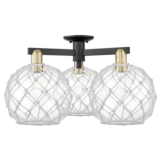 Innovations Farmhouse Rope 28in 3-Light Semi-Flush Mount | Industrial Black Antique Brass and Clear Glass with White Rope | Model 716-3F-BAB-G122-10RW