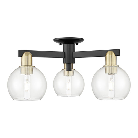 Innovations Athens 23in 3-Light Semi-Flush Mount | Industrial Black Antique Brass Steel and Clear Glass | Kitchen & Hallway | Model 716-3F-BAB-G122-6