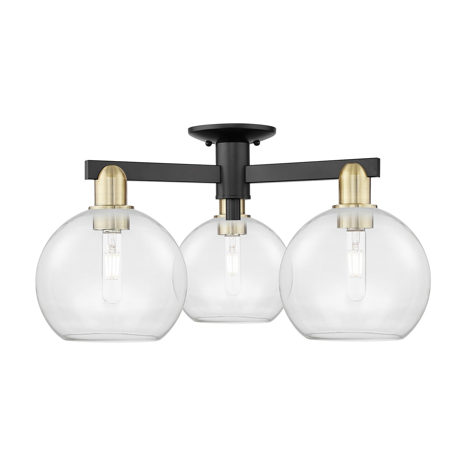 Innovations Athens 26in 3-Light Semi-Flush Mount | Industrial Black Antique Brass Steel and Clear Glass | Kitchen & Hallway | Model 716-3F-BAB-G122-8