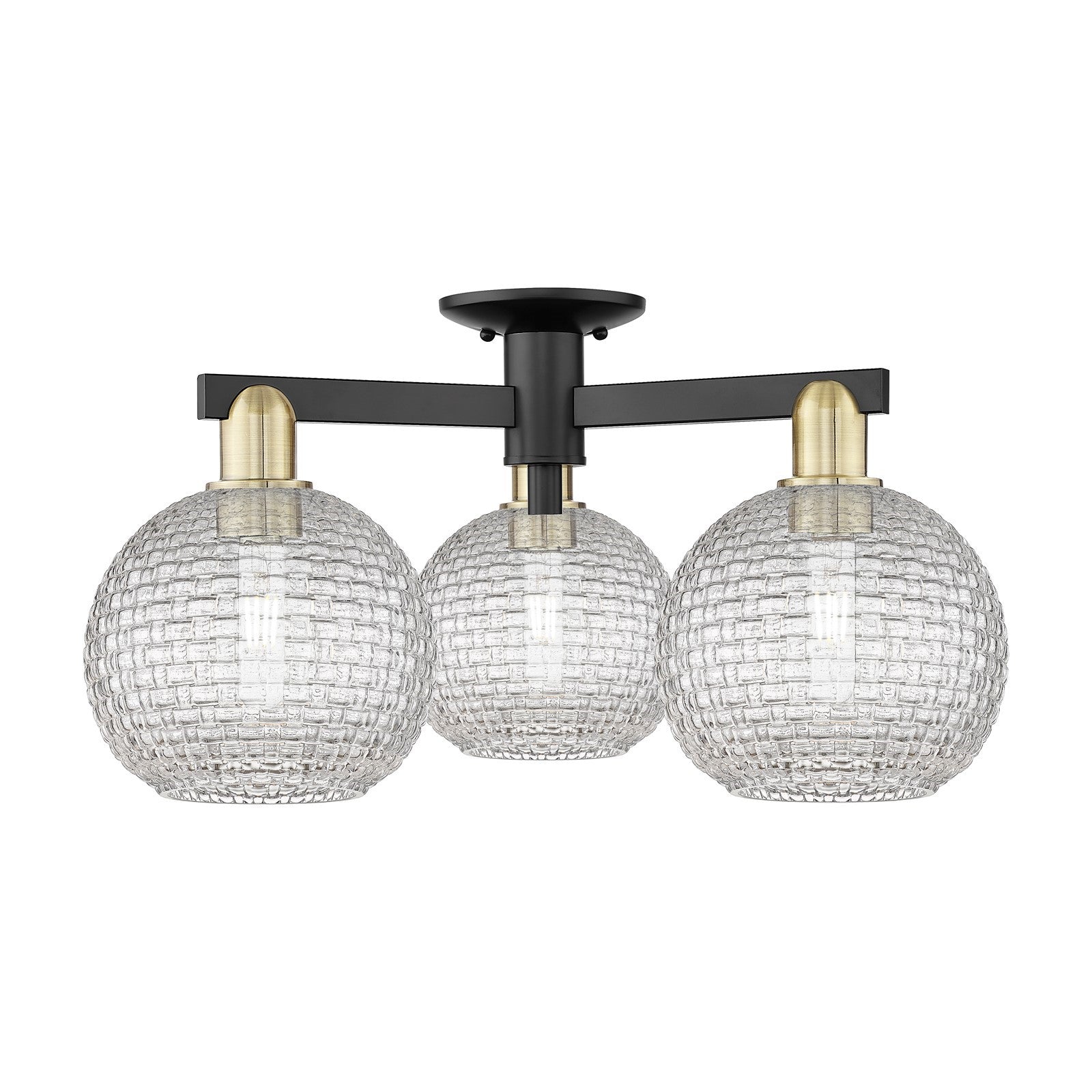 Innovations Athens 26in 3-Light Semi-Flush Mount | Industrial Black Antique Brass and Clear Basket Weave Glass | Entryway & | Model 716-3F-BAB-G122C-8CL