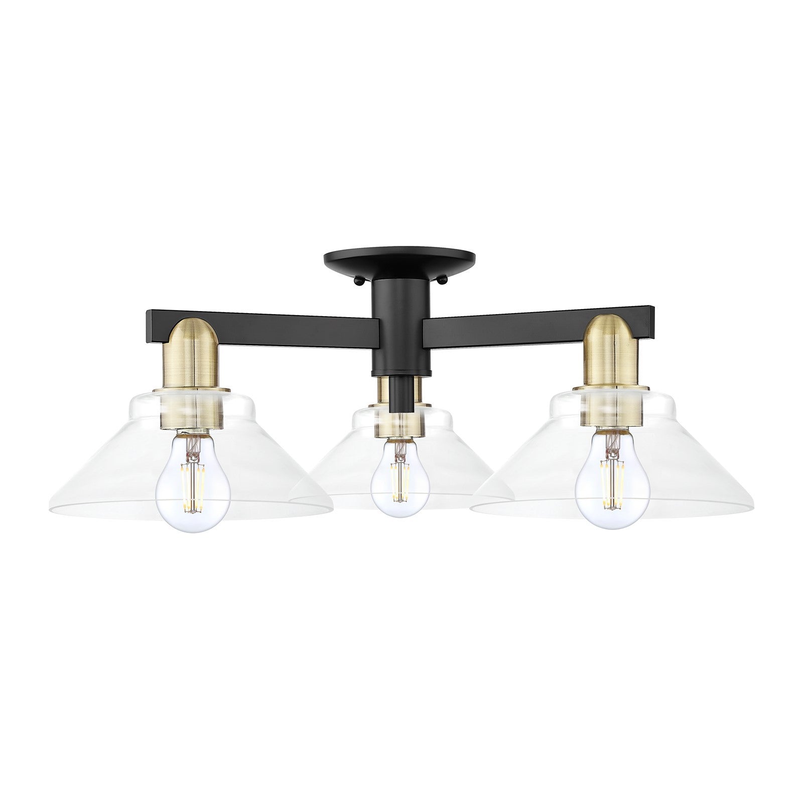Innovations Orwell 26in 3-Light Semi-Flush Mount | Industrial Black Antique Brass Steel and Clear Glass | Entryway & Hallway | Model 716-3F-BAB-G132
