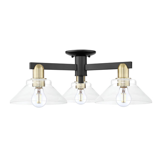 Innovations Orwell 26in 3-Light Semi-Flush Mount | Industrial Black Antique Brass Steel and Clear Glass | Entryway & Hallway | Model 716-3F-BAB-G132