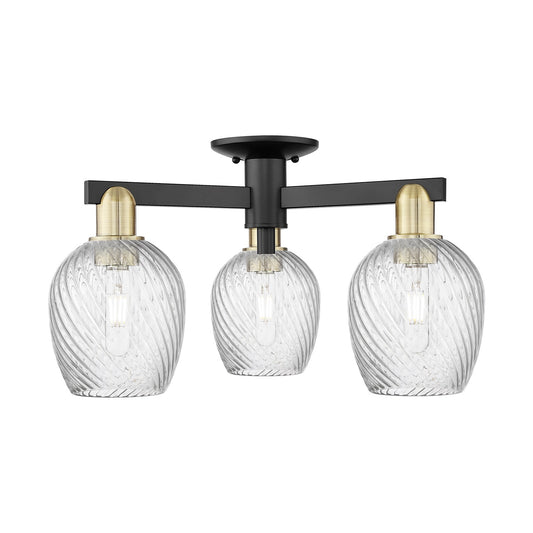 Innovations Salina 23.25in 3-Light Semi-Flush Mount | Industrial Black Antique Brass Steel and Clear Spiral Fluted Glass | Model 716-3F-BAB-G292