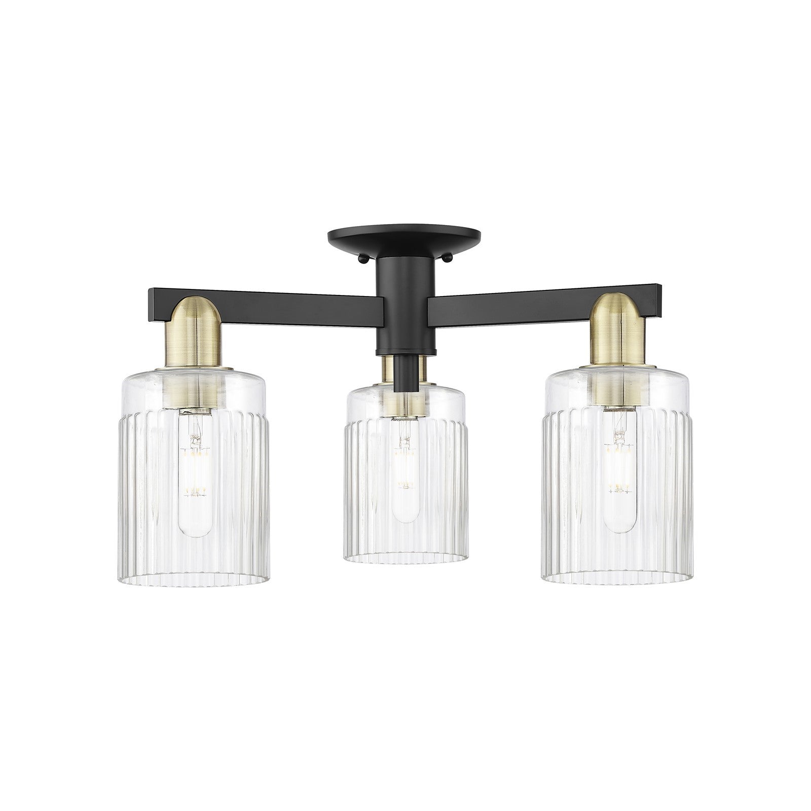 Innovations Hadley 22in 3-Light Semi-Flush Mount | Industrial Black Antique Brass and Clear Ribbed Glass | Entryway & Hallway | 22 | Model 716-3F-BAB-G342